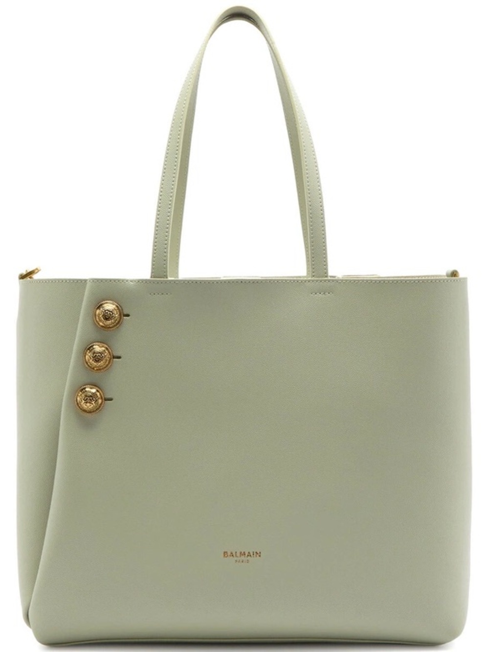 Balmain Sage Green Leather Tote with Gold Medallion Buttons